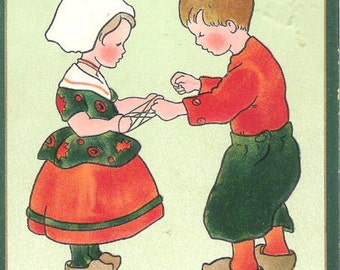 Antique Christmas Postcard Tuck Dutch Children Mistletoe Christmas Day 1912 C11