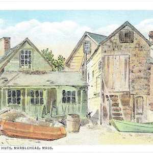 May include: Vintage postcard illustration of the Old Lobster Huts in Marblehead, Massachusetts. The image depicts weathered wooden buildings with boats on the shore. The postcard has a light blue sky and the text "OLD LOBSTER HUTS, MARBLEHEAD, MASS."