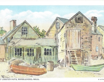 Antique Marblehead, Mass Postcard, Old Lobster Huts, Artist’s Rendering White Border Unused Divided Back H32