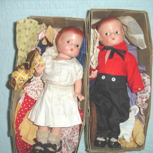 Vintage Effanbee Patsyette Twin Dolls 9.5" Original Boxes Tags 1930s Wardrobe