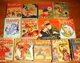 May include: A selection of vintage "Big Little Books" with vibrant covers. Titles include "Mickey Mouse," "Popeye," "Donald Duck," and "Little Orphan Annie." The books are displayed on a wooden surface, highlighting their aged condition.