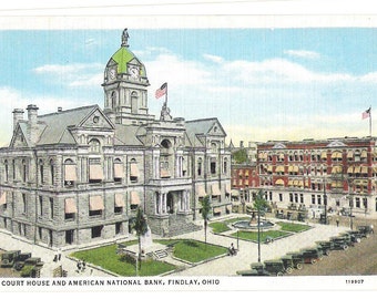 Antique Linen Postcard, Findlay Ohio, Court House and American National Bank