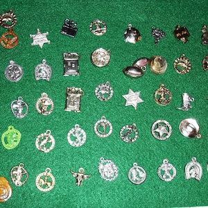 May include: A collection of assorted metal charms featuring various shapes including stars, horseshoes, boots, animals, and circular designs in silver, gold, and copper tones. The charms are arranged in rows on a flat green surface.