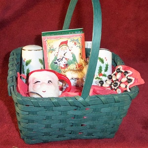 Christmas Gift Basket Filled with Vintage Nostalgic Christmas Items Christmas Salt and Peppers, Ornaments, and Mini Santa Puzzle