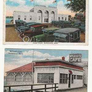 May include: Two vintage postcards. The top card shows Adams House in Marblehead, Mass., with classic cars parked in front. The bottom card features McLeod's Cafe, also in Marblehead, with a sign that reads "McLeod's Cafe."
