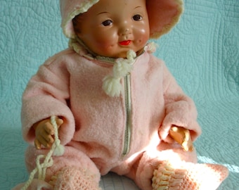 Vintage 1920s Horsman Style 17 Inch Composition Baby Doll in Pink Suit