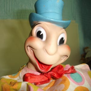 Vintage Disney Pinocchio Jiminy Cricket Hand Puppet, Retro Rubber Head Toy