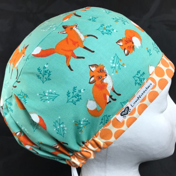 Fox LoveNstitchies Surgical Cap scrub Hat Nurse Euro Medical Caps OR Womens Women Scrub Tech Hats Surgery Chef Teal Orange