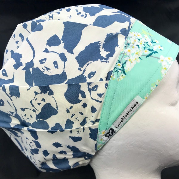 Pandalicious Surgical Cap Scrub Hats for Women bouffant Scrub Tech Nurse OR Surgery Surgeon AOII Blue Green LoveNstitchies pandas Blossoms