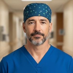 May include: A teal surgical cap with a repeating pattern of small, stylized trees and animals. The cap is worn by a person wearing a blue scrub top. The background is a blurred hallway.