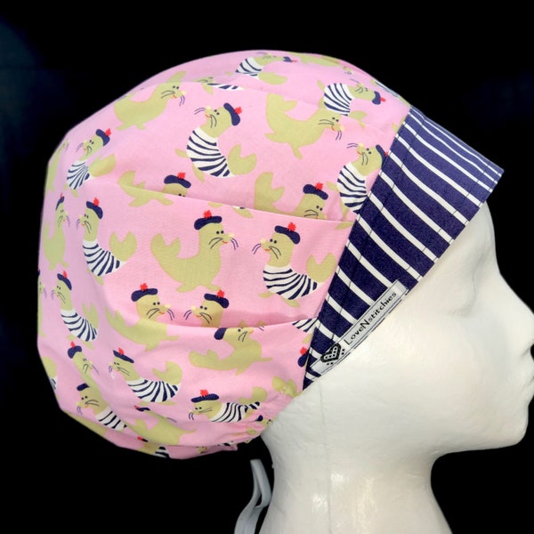 French Seals Pink Scrub Hats for Women bouffant Surgical Cap Caps LoveNstitchies OR Nurse Tech Vet Navy Blue Stripes Seal Nautical Surgery