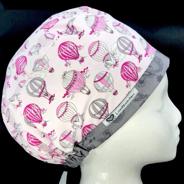 Hot Air Balloon Surgical Cap Scrub Hats for Women European Style Euro Surgery OR Nurse Vet Tech LoveNstitchies Pink Gray Paris Ink & Arrow