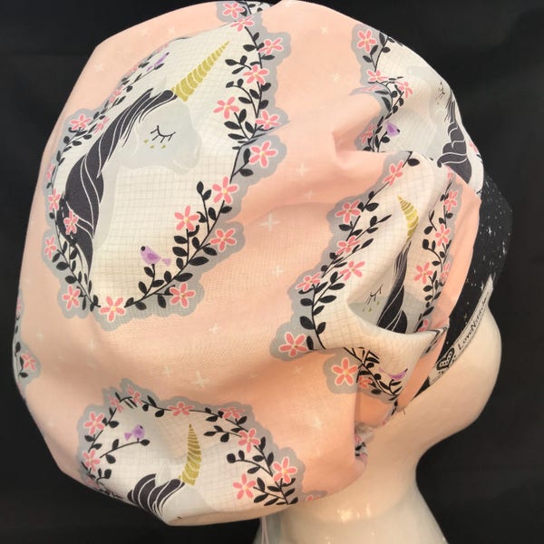 Unicorn Star Scrub Hats Surgical Cap Bouffant Tech Nurse Surgeon Caps OR Surgery Vet LoveNstitchies Shell Pink Black Metallic