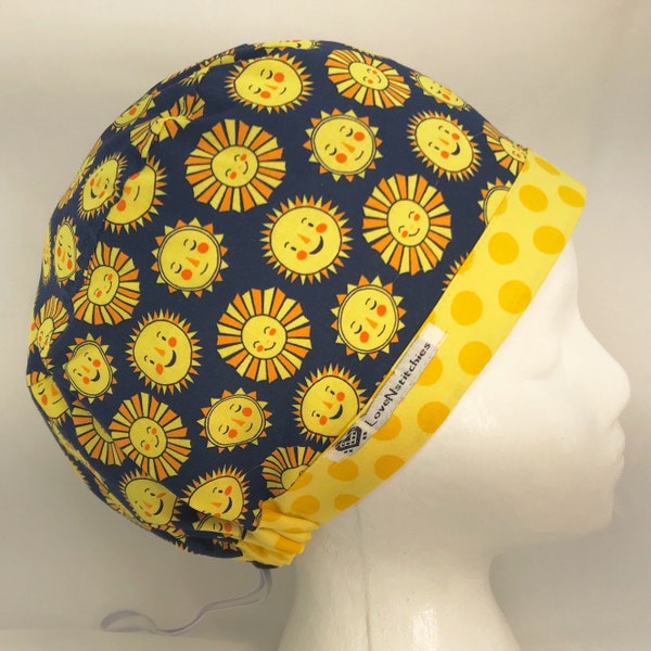 Funshine Sunshine Surgical Cap scrub Hat Navy blue Yellow band Nurse Euro Pixie Caps OR Womens Women Scrub Tech Hats Surgery cotton Sun Suns