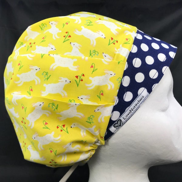 Go to Sheep Surgical Cap Bouffant Scrub Hats for Women Yellow Navy Blue Dot LoveNstitchies Lamb Anesthesia Sleeping Hat OR Surgery Nurse