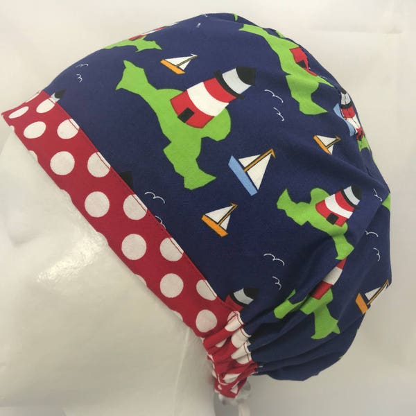 Cape Cod Lighthouses Scrub Hats for Women Euro European Style Surgery OR Tech Nurse Surgical Cap LoveNstitchies Nautical Ships Navy Blue Red