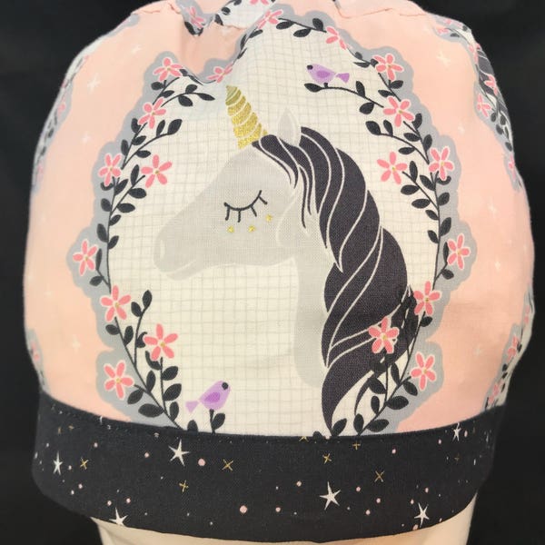 Unicorn Stars Surgical Cap Scrub Hats for Women European Style Euro Surgery OR Nurse Vet Tech LoveNstitchies Shell Pink Black Metallic Gold