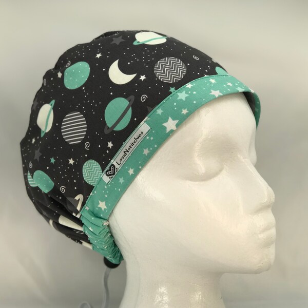 Galaxy Stars Surgical Cap Scrub Hats for Women European Style Euro Surgery OR Nurse Vet Tech LoveNstitchies Gray Mint Green Planet Solar