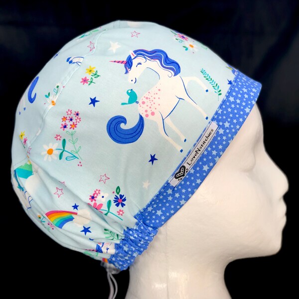 Unicorn Love Surgical Cap Scrub Hats for Women European Style Euro Medical Surgery OR Nurse Vet Tech LoveNstitchies Blue Rainbows