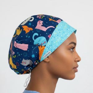 Cat Surgical Cap for Women, Bouffant Style Scrub Hat for Long Hair, Adjustable Toggle