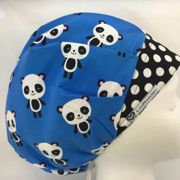 Panda Surgical Cap Scrub Hats for Women bouffant Scrub Tech Nurse Medical OR Surgery CRNA Periop Surgeon AOII Black dots Blue LoveNstitchies