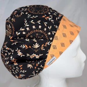 Black Floral Bouffant Scrub Hat, Adjustable Cotton Surgical Cap