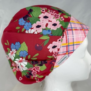 Red Plaid Surgical Cap for Women, Bouffant Style Scrub Hat for Long Hair,  Adjustable