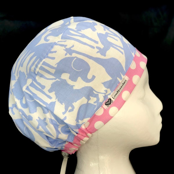 Zoo Animals Surgical Cap scrub Hat Baby Blue Orchid Pink dot band Nurse Euro Caps OR Womens Scrub Tech Hats Surgery Vet LoveNstitchies Cute!