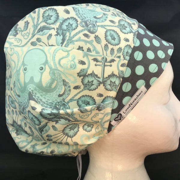 Octopus Gray Aqua Blue Bouffant Scrub Hats for Women Surgical Cap Tech Nurse Medical Caps OR Surgery LoveNstitchies CRNA Tula Pink