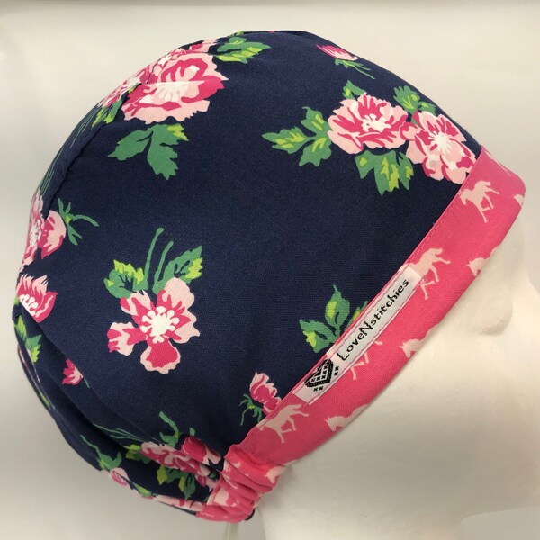 Derby Days Pink Roses European Style LoveNstitchies Surgical Cap Scrub Hat Nurse Euro Caps OR Womens Women Tech Hats Surgery Navy Blue Horse