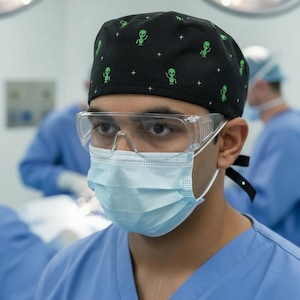 May include: A black scrub cap featuring a repeating pattern of small green alien figures and tiny white four-pointed stars. The cap is fitted with a tie-back closure at the rear and is constructed from fabric, worn over the head in a clinical setting.