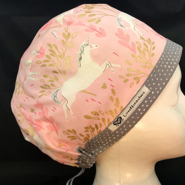 Unicorn Frolic Surgical Cap Scrub Hats for Women European Style Euro Medical Surgery OR Nurse Vet Tech LoveNstitchies Pink Gray hearts