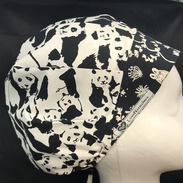 Pandalicious Surgical Cap Scrub Hats for Women bouffant Scrub Tech Nurse OR Surgery Surgeon AOII LoveNstitchies pandas Black White Woman