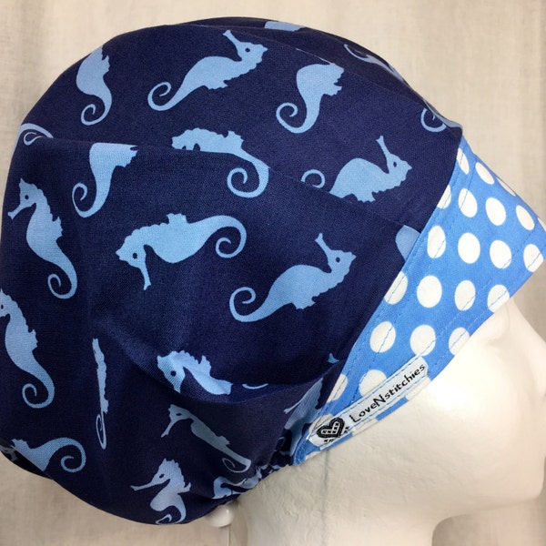 Seahorses Scrub Cap Bouffant Surgical Scrub Caps for Women Lovenstitchies Nurse OR Surgery Tech Anesthesia Navy Blue Dots Band cute
