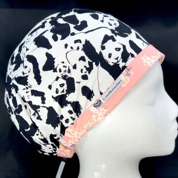 Pandalicious Surgical Cap scrub Hats Women Black Pink Band Nurse Euro Caps OR Nurse Tech Hat Surgery Anesthesia CRNA LoveNstitchies Pandas