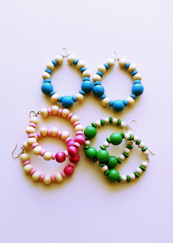 Items similar to Three Pairs Wooden Beads Hoop Earrings, Boho Hippie