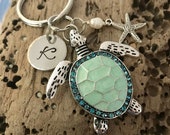 Single Monogram Initial Personalized - Turtle Key ring -Sea Turtle Keychain - beach - blue - turquoise - rhinestone - starfish - pearl