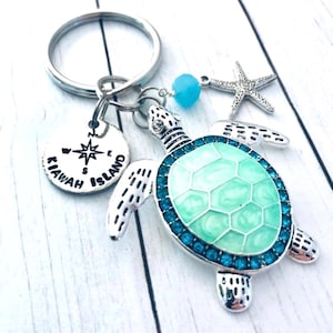 Personalized Sea Turtle Keychain: Enamel Rhinestone Compass Keyring