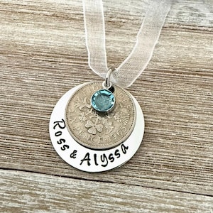 Lucky Six Pence Wedding Bouquet Charm Personalized Blue Crystal,  Engagement, Wedding Gift, Something Blue, Something Old, silver or gold