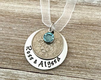 Lucky Six Pence Wedding Bouquet Charm Personalized Blue Crystal,  Engagement, Wedding Gift, Something Blue, Something Old, silver or gold