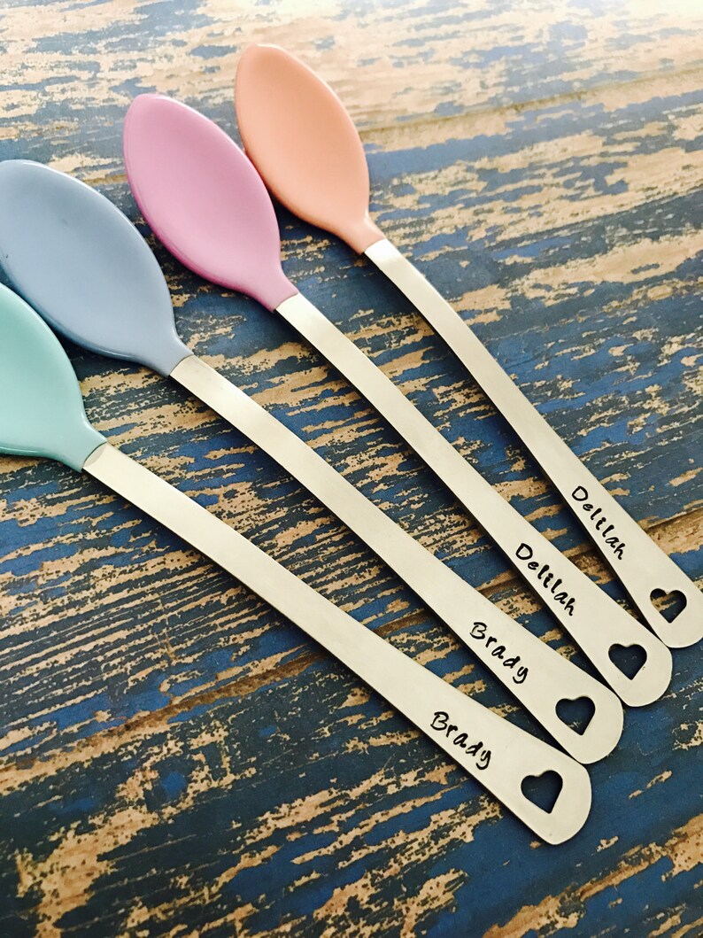 Set of 2 Hand Stamped Custom Silver Baby Spoons Personalized Etsy