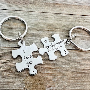 I love you to the moon and back Puzzle Piece Key Ring Set, Couples gift, Valentine&#39;s Day, READY TO SHIP, stars and moon, girlfriend gift