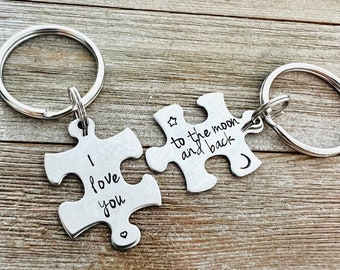 I love you to the moon and back Puzzle Piece Key Ring Set, Couples gift, Valentine's Day, READY TO SHIP, stars and moon, girlfriend gift