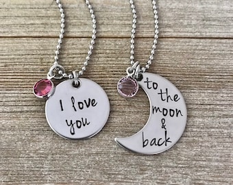 Mother Daughter Necklace Set: I Love You to the Moon, Birthstone Jewelry