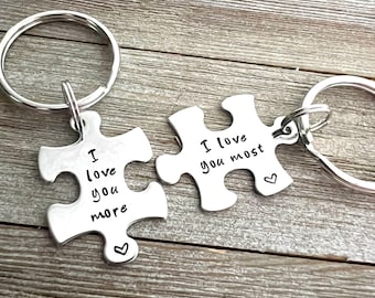 I love you more, I love you most, keychain set, key ring set, puzzle piece, READY TO SHIP, Valentine's Day, couples gift, girlfriend gift