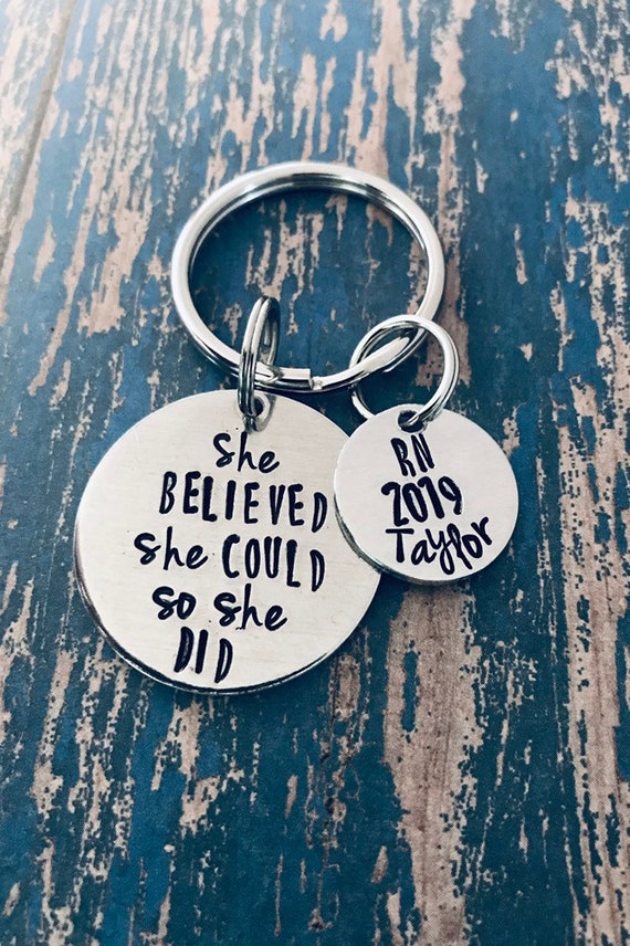 Cap She Believed She Could So She Did Bar Key Ring Stainless Steel Running Gift Graduation Hat Keychain Graduate Dandelion