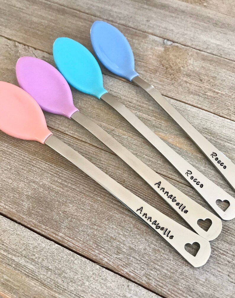 Set of 2 Hand Stamped Custom Silver Baby Spoons Personalized Etsy
