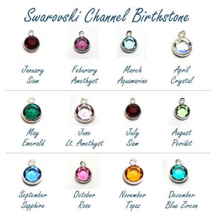Puede incluir: Un gr&aacute;fico que muestra las piedras de nacimiento Swarovski Channel para cada mes del a&ntilde;o. El gr&aacute;fico muestra un peque&ntilde;o amuleto de cristal para cada mes, con el nombre del mes y la piedra de nacimiento debajo de cada amuleto.