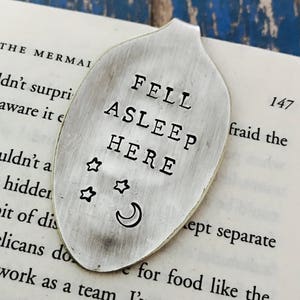 Fell Asleep Here Vintage Spoon Bookmark Moon and Stars Bookworm Graduation Back to School Gift Upcycled Silverplate Funny image 4