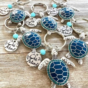 Blue Enamel Sea Turtle Keychain: Custom Initial Disc, Rhinestone Detail